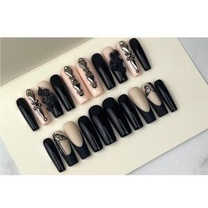 Long square press on nails black French tips nude rhinestones acrylic flowers